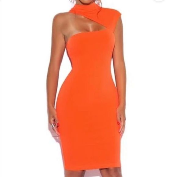🔥Jolene Orange Neck Cutout Stretch Crepe Dress - Picture 1 of 6